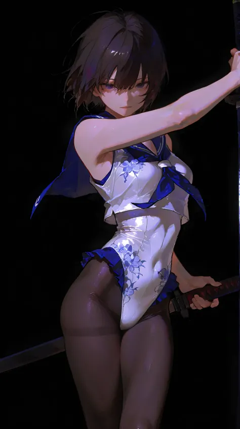 (8k、ultra high resolution、Highest Quality、ultra high resolution), Alone, realistic skin texture in a banana field、Shortcut、No expression、dark haired、Japanese、tall、 Slim、big 、sailor suit top、Floral print leotard、large Japanese sword in a scabbard、BLACK BACK...