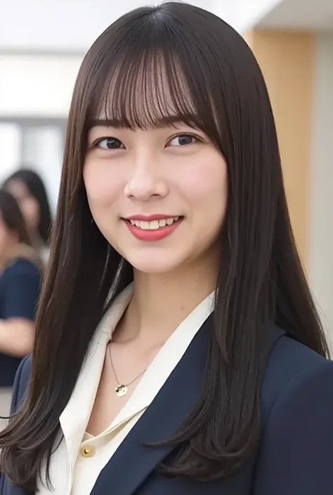 Neat Young Woman、and look at the camera、office lady suit、jacket、shirt、necklace、ear piercing、smile showing teeth、people talking in the background is inside the room