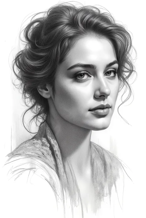pencil drawing, Black and White, Touch of a pencil , soft-focus realism covered with graphite brushstrokes, gentle and confident expression, detailed Touch of a pencil , black and white sketch on white paper, with classical aesthetics、precise pencil portr...