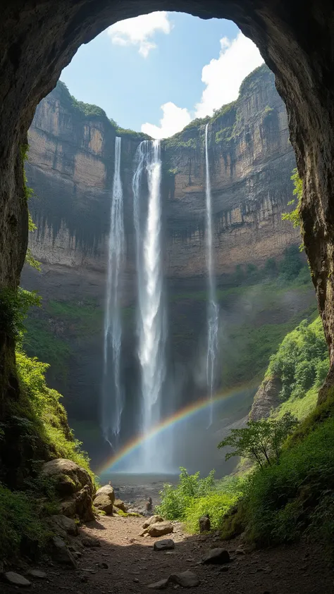 high-definition footage looks up、South America、World Heritage Site in Venezuela「Auyantepui(table)」from under a vertical cliff、number of waterfalls flowing down from above々A spectacular panorama、with a rainbow hanging over it。