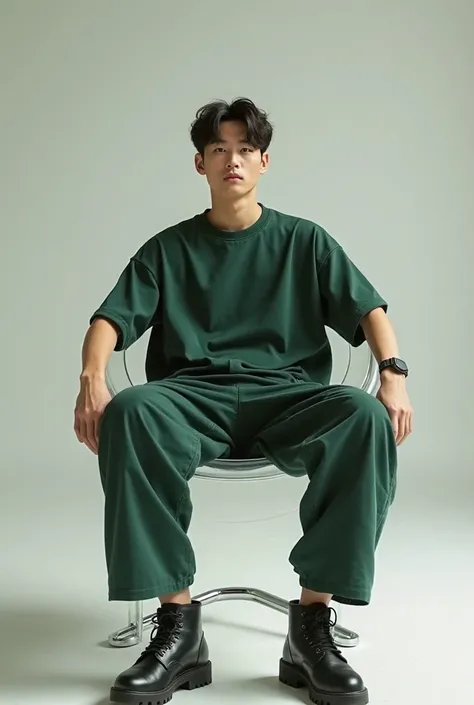  image shows an advertisement shows a young man , a handsome Korean model in a big oversized dark green T-shirt and big cargo pants sitting on a curved transparent chair ,trending . and a beautiful brunette korean girl standing beside him, also wearing a big oversized tshirt. The t-shirt body is made of sturdy looking fabric for a minimalist feel.  Light creates a sense of fashion in sleek design 