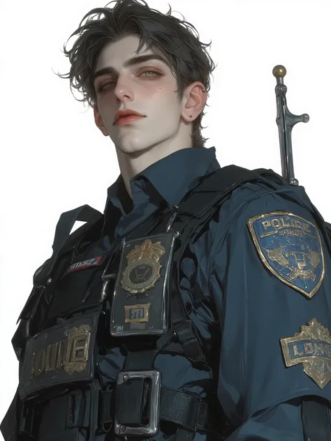 (Perfect face , masterpiece , very detailed face , )a man , solo , (( adult police man in his 30s ,Upper body shot, soft colours, upper body, dynamic, expressionless, colour difference, reflected light, )) short hair , dark hair , messy hair , Green eyes ,...