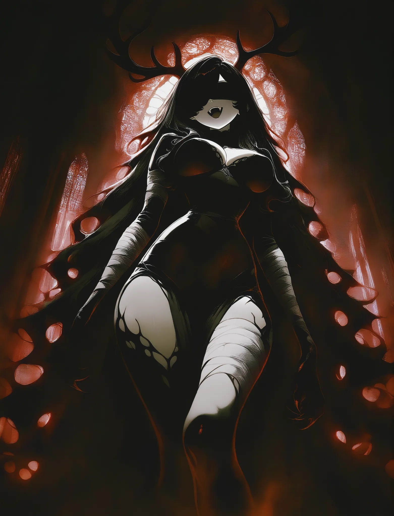 1girl, Kuroki Monika, black hair, very long hair, hair over right eye, large breasts, (petite but curvy, very cute), monster girl, giant girl, deer monster, blindfolded, wearing bandages, pale skin, very long hair, stringy hair, fangs, unnaturally long li...