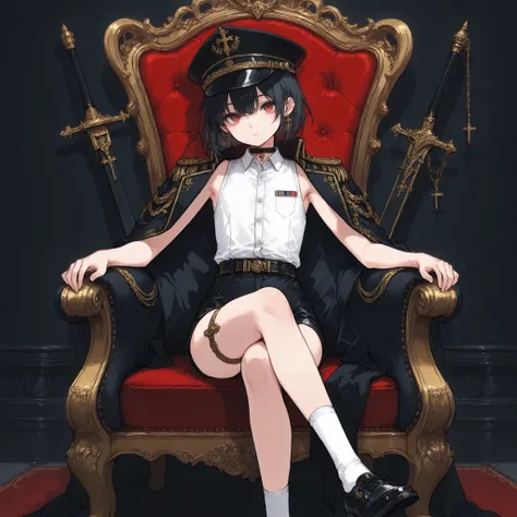 ((Best quality)), ((masterpieces)), (detailed), perfect face, SOLO, ((femboy)), tomgirl, ANIME, beautiful detailed eyes, BOB hair, BOBed hair, black hair, RED EYES, BARE thighs, (((BARE LEG))), ((BLACK short pants)), (((dress shirt))), ((Flat chest)), Chok...
