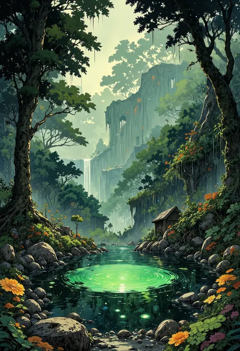 A first-person view or from a height, as if the viewer had accidentally stumbled upon a mysterious and dangerous poisonous hot spring hidden deep in the rainforest. The spring is surrounded by dense, lush vegetation with giant palm trees, ferns with carved...