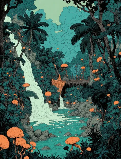 A first-person view or from a height, as if the viewer had accidentally stumbled upon a bubbling mysterious and dangerous poisonous hot spring hidden deep in the rainforest. The spring is surrounded by dense, lush vegetation with giant palm trees, ferns wi...
