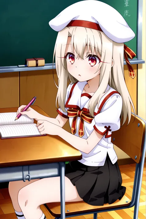 masterpiece, best quality, amazing quality, absurdres, highres,(anime screencap:1.4),solo, 1girl,illyasviel_von_einzbern , red eyes, long hair,homurahara academy school uniform, white shirt, short sleeves, red ribbon, pleated skirt, white beret,classroom ,...