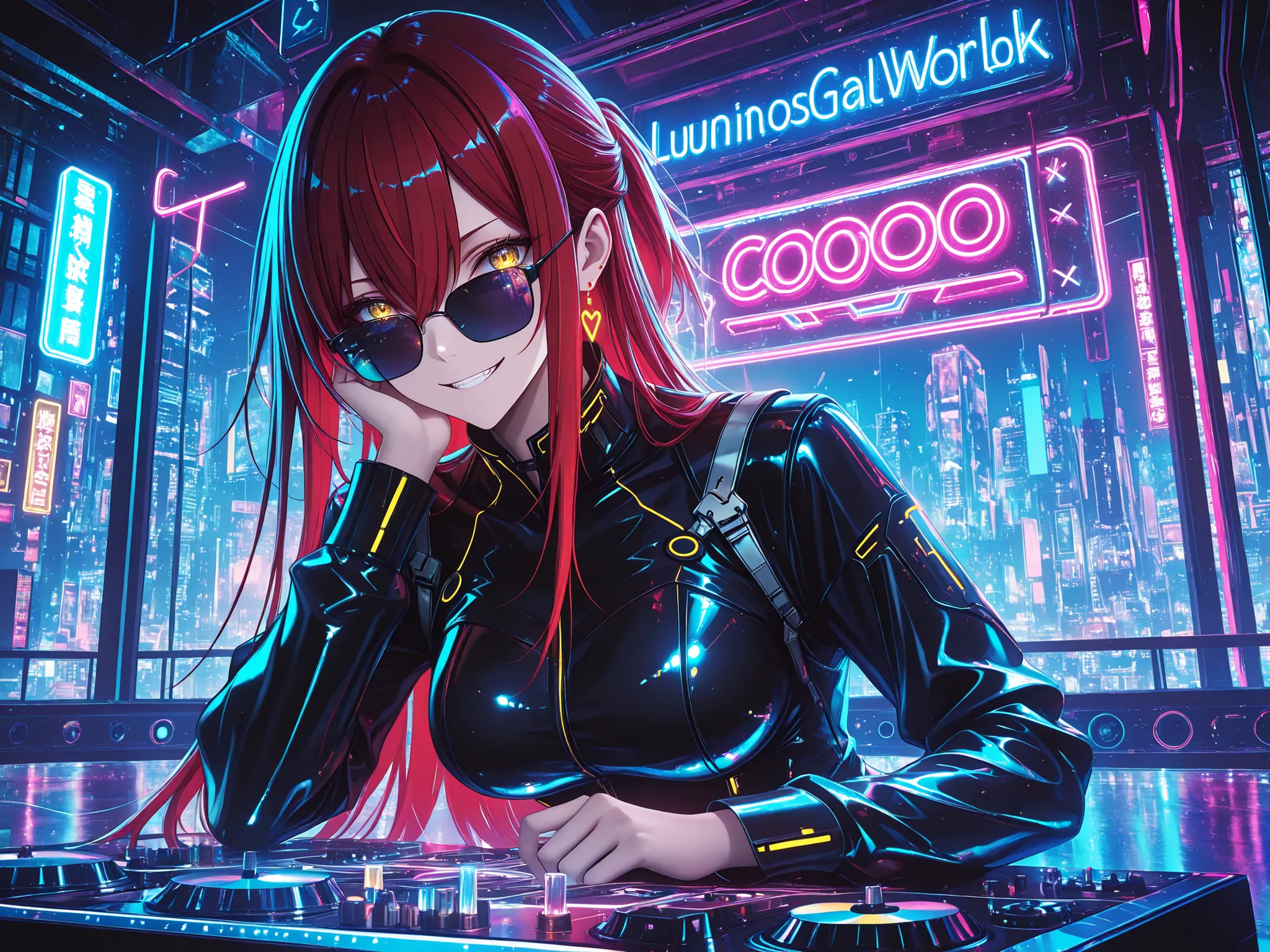 1 girl , golden eyes , very long hair , long sidelocks, red hair ,half updo, petite , very cute , beautiful ,Straight hair, cool, handsome, hair between eyes, sexy, medium breasts ,cyberpunk, city,cyber world,cyberpunk style girl,cute,cool,solo,grinning fa...