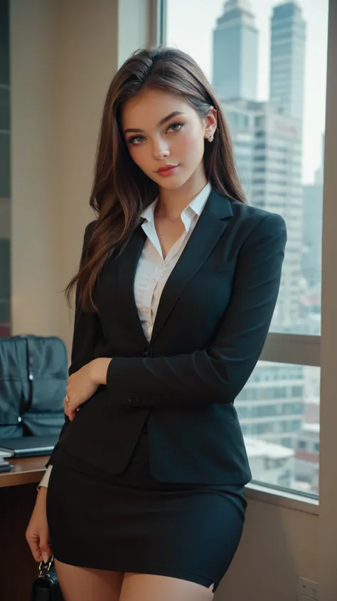 A girl，black suit，Black Bag Hip Skirt，long brown hair， stand in the office 