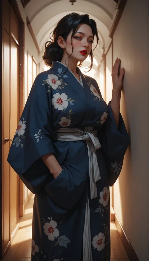 High Definition　８ｋ　long straight hair,red lips　mature woman with a drunk expression　mature woman wearing a dark blue yukata、solos、Corridor of an old inn　leaning against the wall in the hallway　kimono hanging on the hallway wall　open the hem to see white ca...