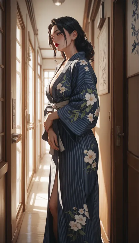 High Definition　８ｋ　long straight hair,red lips　mature woman with a drunk expression　mature woman wearing a dark blue yukata、solos、Corridor of an old inn　leaning against the wall in the hallway　kimono hanging on the hallway wall　open the hem to see white ca...
