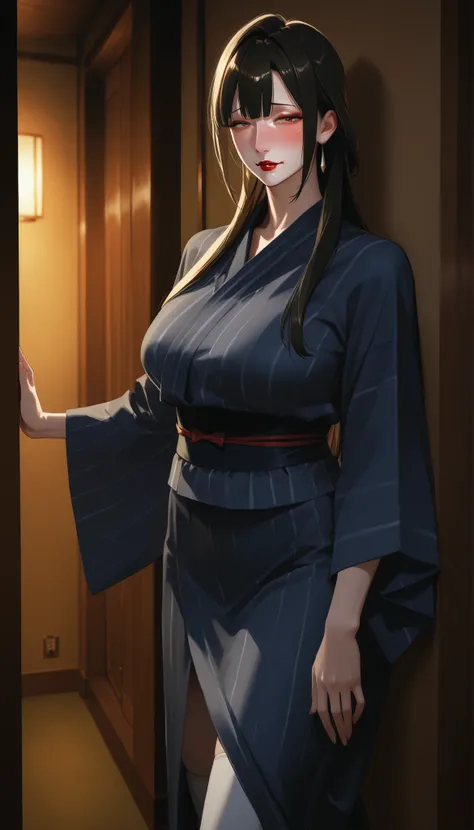 High Definition　８ｋ　long straight hair,red lips　mature woman with a drunk expression　mature woman wearing a dark blue yukata、solos、Corridor of an old inn　leaning against the wall in the hallway　kimono hanging on the hallway wall　open the hem to see white ca...