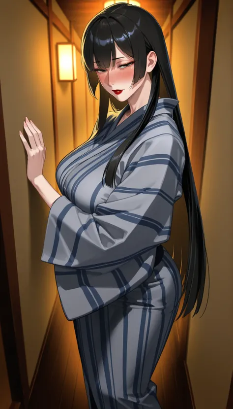 High Definition　８ｋ　long straight hair,red lips　mature woman with a drunk expression　mature woman wearing a dark blue yukata、solos、Corridor of an old inn　leaning against the wall in the hallway　kimono hanging on the hallway wall　open the hem to see white ca...