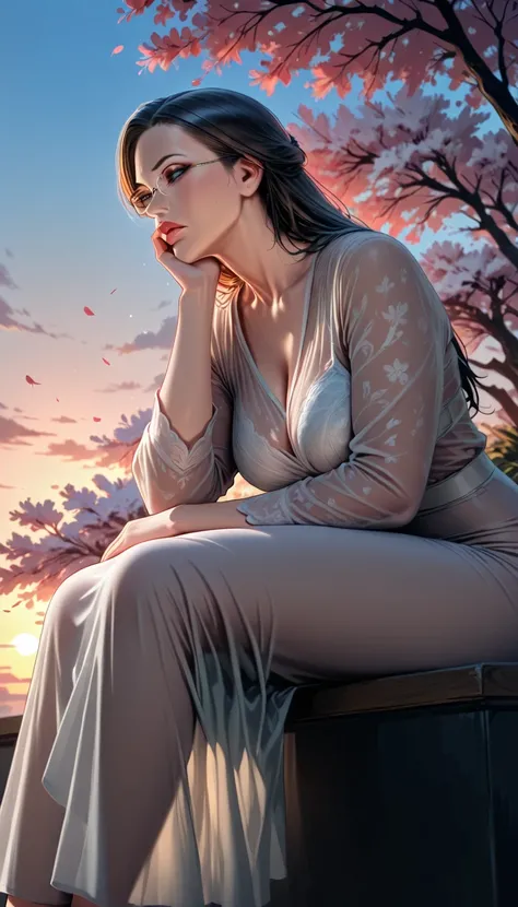 full length, Full body photo, This image、with her long black hair in a casual upstyle Depicts a Japanese woman. she wears glasses、has a slightly irritated expression. She's wearing see-through clothes, long sleeve dress with a delicate pattern, she is sitt...