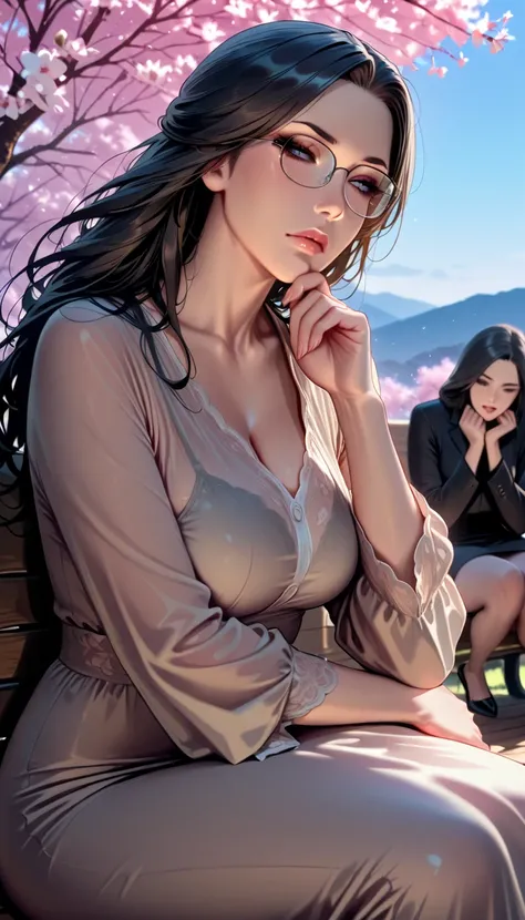 full length, Full body photo, This image、with her long black hair in a casual upstyle Depicts a Japanese woman. she wears glasses、has a slightly irritated expression. She's wearing see-through clothes, long sleeve dress with a delicate pattern, she is sitt...