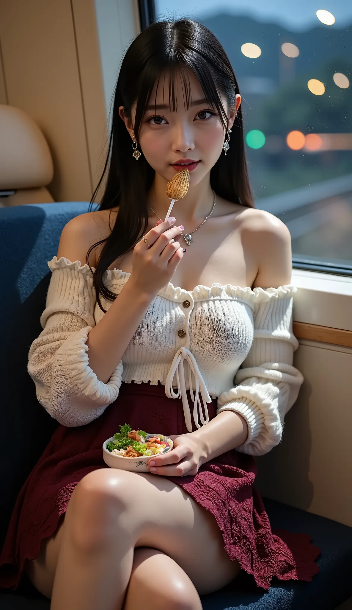 ((full body shot:1.5))、(Petite Young Japanese Woman Traveling to a Deserted Tourist Site)、sitting in a seat on a single-track train、boxsheet 、(Eating ekiben:1.35)、((dating))、night、sparse city lights outside the window、Smiling、((White Off Shoulder Knit Swea...