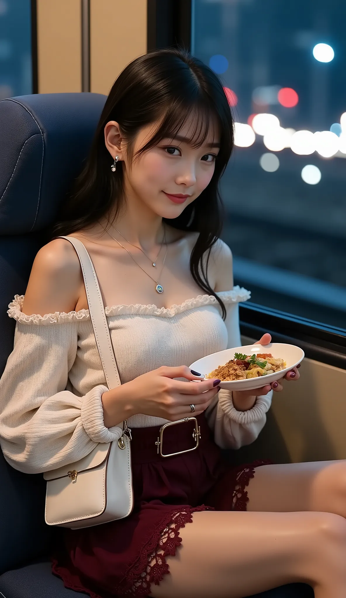 ((full body shot:1.5))、(Petite Young Japanese Woman Traveling to a Deserted Tourist Site)、sitting in a seat on a single-track train、boxsheet 、(It looks like they're eating ekiben using chopsticks:1.35)、((dating))、night、sparse city lights outside the window...