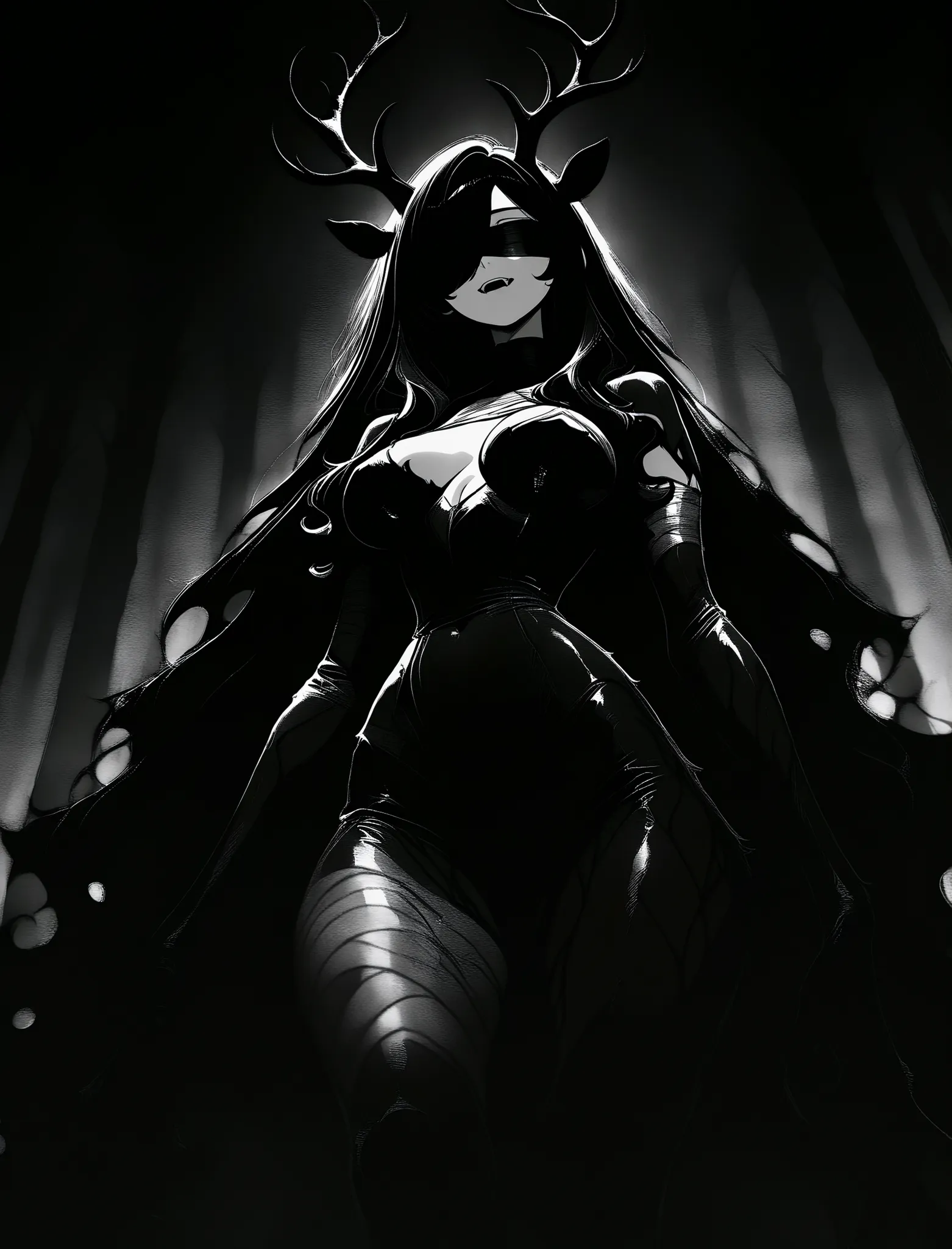 1girl, Kuroki Monika, black hair, very long hair, hair over right eye, large breasts, (petite but curvy, very cute), monster girl, giant girl, deer monster, blindfolded, wearing bandages, pale skin, very long hair, stringy hair, fangs, unnaturally long li...