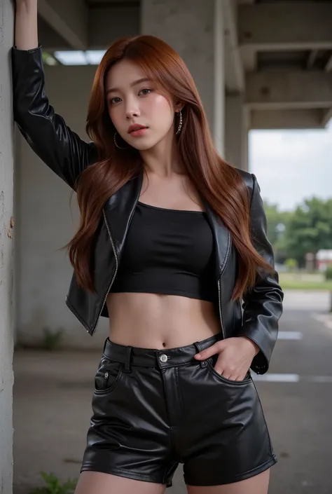 (สาววัยรุ่น), (สาวเกาหลี), อายุ 18 ปี (ผมยาว), (red caramel hair), (farrah hair), (Wear silver hoop earrings) (Black cropped leather jacket reveals cleavage), (Black leather shorts low-waisted shorts revealing the navel, very short legs revealing the hips)...