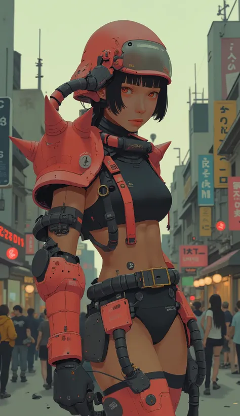 Zaku, This is a very detailed photorealistic picture, a female character in a Zaku suit. Bikini Style , The shoulders and chest are covered with large armour, angular plate ,赤いZaku、The left shoulder has a characteristic emblem., Walking Through a Crowded...