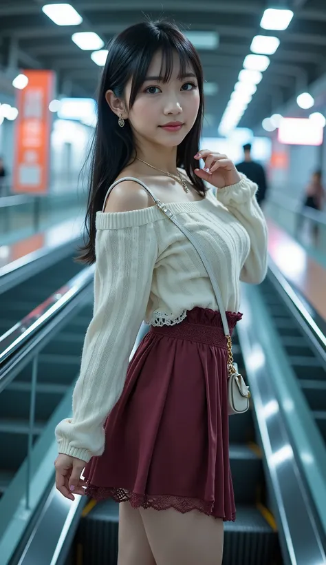 ((full body shot:1.5))、(petite young Japanese woman traveling)、climbing to the top on an escalator at an urban station、(standing on an escalator:1.35)、((dating))、Midnight train station yard、bright lights、(super low angle:1.4)、Back view、turns around and smi...