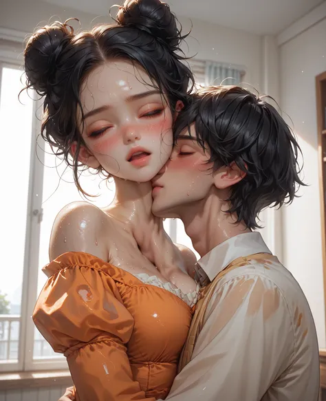 score_9, score_8_up, score_7_up, 1woman, solo, hair, closed eyes, white milky porcelain skin, white-skinned female, black hair in a bun, lovely medium breasts, short, thick, perfect body, orange maxi dress, puffy sleeves, messy clothes, exposed shoulder, s...