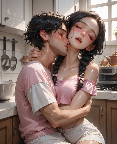 score_9, score_8_up, score_7_up, 1woman, solo, hair, closed eyes, white milky porcelain skin, white-skinned female, black hair in double braids, lovely medium breasts, short, thick, perfect body, pink crop top, white shorts, messy clothes, exposed shoulder...