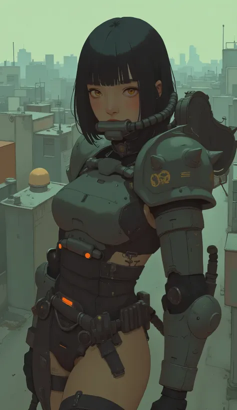Zaku, This is a very detailed photorealistic picture, a female character in a Zaku suit. Bikini Style , The shoulders and chest are covered with large armour, angular plate ,赤いZaku、The left shoulder has a characteristic emblem、Walking around downtown with...