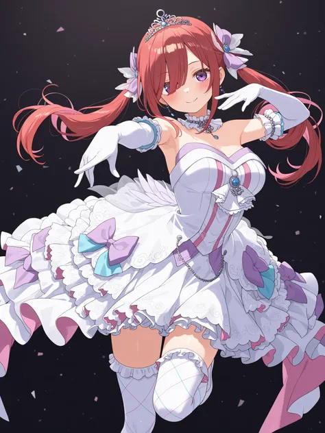 Nakano Miku:  Dancing with doodle song | Ikuyo Dance | concept pose,aquaidol, frilled dress, two-tone dress,elbow gloves,tiara,,white thighhighs,print thighhighs, frilled thighhighs,
