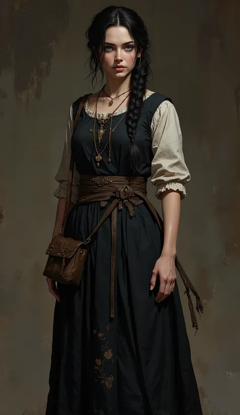 Middle Ages, 19th century, (full length, full-length, 4k, ultradetail , Beautiful image, Illustration, 3D, 2.5D, full lighting) 1 woman, ( black hair, direct, big long braid , long face, thin lips, serious gum, dark blue eyes, Bullish view , Beauty, eleg...