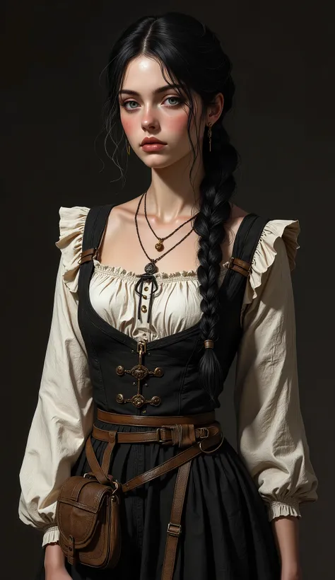 Middle Ages, 19th century, (full length, full-length, 4k, ultradetail , Beautiful image, Illustration, 3D, 2.5D, full lighting) 1 woman, ( black hair, direct, big long braid , long face, thin lips, serious gum, dark blue eyes, Bullish view , Beauty, eleg...
