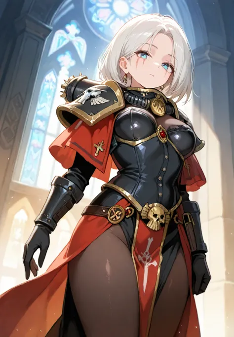 1girl,solo,sister of battle, warhammer 40000 universe,adepta sororitas,face scar,wearing a bulky ornate black armor,white hair,gothic church at night,BREAK,night time,cinematic lighting,masterpiece,top quality,warm color,high resolution,high fashion,absurd...