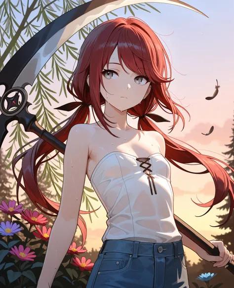 (masterpiece:1.2, Best Quality), (finely detailed beautiful eye: 1.2), (beautiful detailed face), sweat, close up, expressionless, hair ribbons, strapless sleeveless shirt, white shirt, blue jeans,, small breast, dark red hair, long low twin tails, long ha...