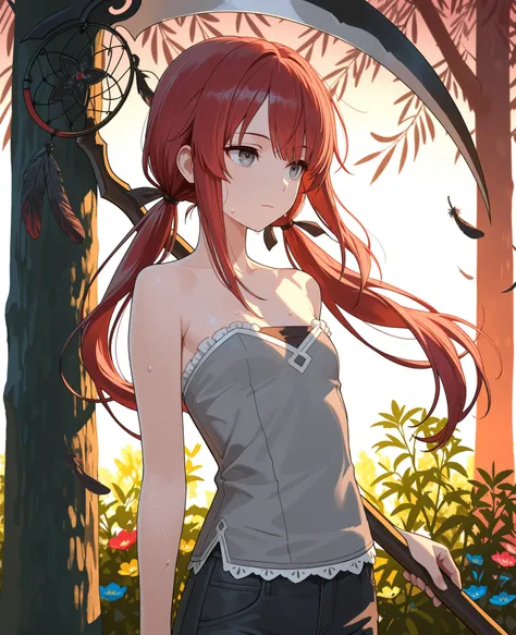 (masterpiece:1.2, Best Quality), (finely detailed beautiful eye: 1.2), (beautiful detailed face), sweat, close up, expressionless, hair ribbons, strapless sleeveless shirt, strapless sleeveless shirt, gray shirt, shirt with white trim, white frill trim, bl...