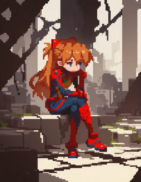 1girl, full body, solo, souryuu asuka langley, ruins background, crossed legs, sitting, sad, looking to the side, score_9, score_8_up, score_7_up, score_6_up, score_5_up,