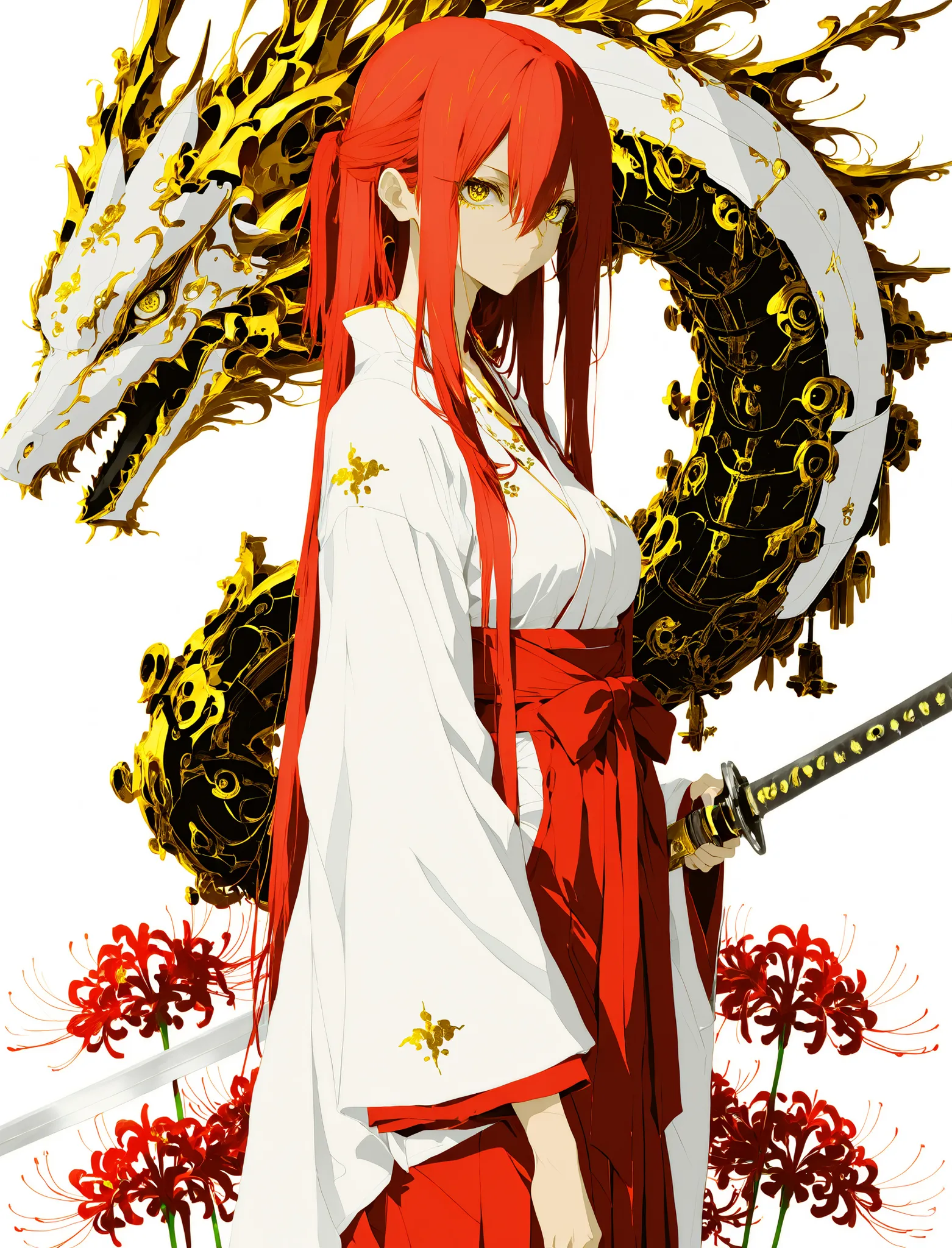 , ((anime coloring:1.5)) , ,
, 1 girl , golden eyes , very long hair , long sidelocks, red hair ,half updo, petite , very cute , beautiful ,Straight hair, cool, handsome, hair between eyes, sexy, medium breasts , white theme, (golden eyes:2.0), detailed ...