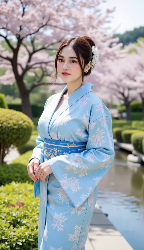 A plump muscle woman ( 34years old)  standing gracefully happy vibes beauty smile in a traditional Japanese garden during cherry blossom season. She is wearing a soft blue floral kimono with elegant patterns and a matching obi belt in oiran style, big brea...