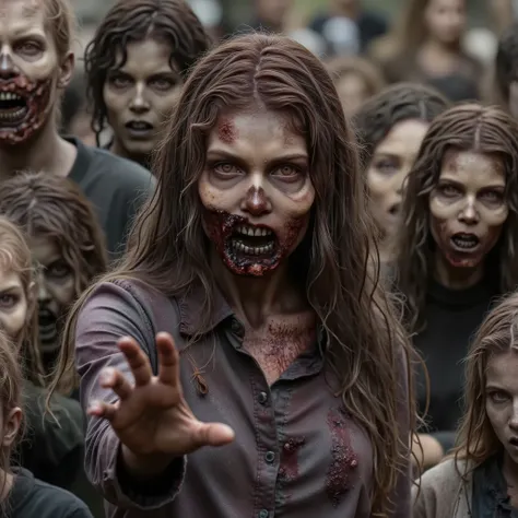 Zombie girl surrounded by other zombies, rotting flesh, open wounds, undead, open mouth with rotting teeth and blood, severed nose, blood and gore, bloody wounds, torn flesh, one arm reaching out to the viewer, 