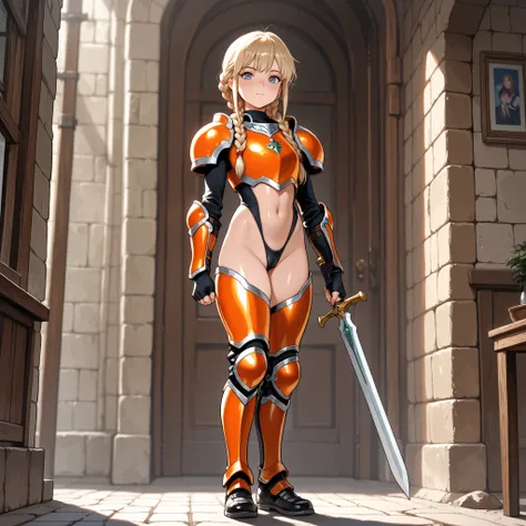 Masterpiece, Best quality, Top quality, Score 9, Score 8 up, Score 7 up, Source manga, ((Sexy young girl, Improved, Gal)), NSFW, Attractive, Voluptuous, Curvy, ((Blonde braids)), Full body, ((Lightweight orange armor)), Fair skin tone, Long brown hair, Fre...