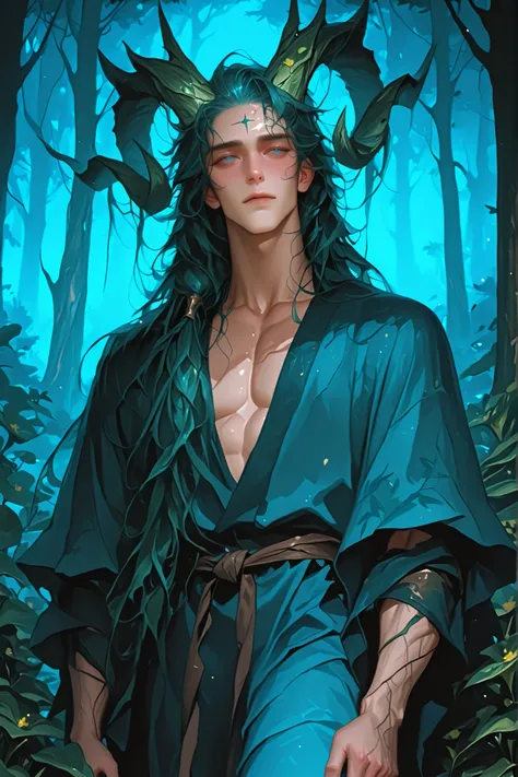 A man stands in the forest. He has blue eyes. long hair, disheveled and marsh-green. Plants and flowers are woven into his hair. Horns grow from his forehead. Dressed in hermit clothes.