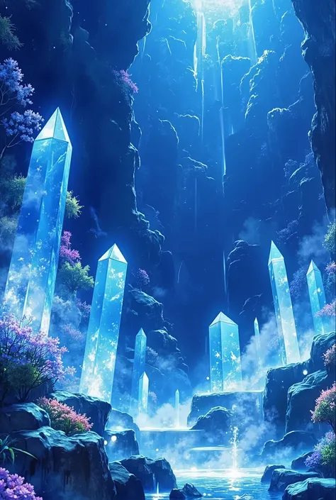 A Mysterious Fantasy Dungeon with Huge Blue Crystals and Hot Springs Gushing Out of the Ground,Crystal Cave image, Crystals fall or are oblique and irregular, Shining with blue light. Shining Blue Hot Water to Steam, mystical atmosphere. Crystals Shinin...