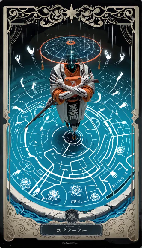 (kiyo (kyokyo1220):0.5), kiginobiru \(hayapi\), nj \(dalo\), (yue \(memento1113\):0.7),\(o\) \(o\), trading card, border, ^ ^, afloat, too many arms, disembodied hand, from above, imitating,tendril, waving, ocean, outdoors, partially submerged, shadow, han...