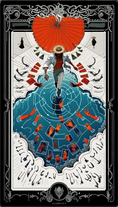 (kiyo (kyokyo1220):0.5), kiginobiru \(hayapi\), nj \(dalo\), (yue \(memento1113\):0.7),\(o\) \(o\), trading card, border, ^ ^, afloat, too many arms, disembodied hand, from above, imitating,tendril, waving, ocean, outdoors, partially submerged, shadow, han...