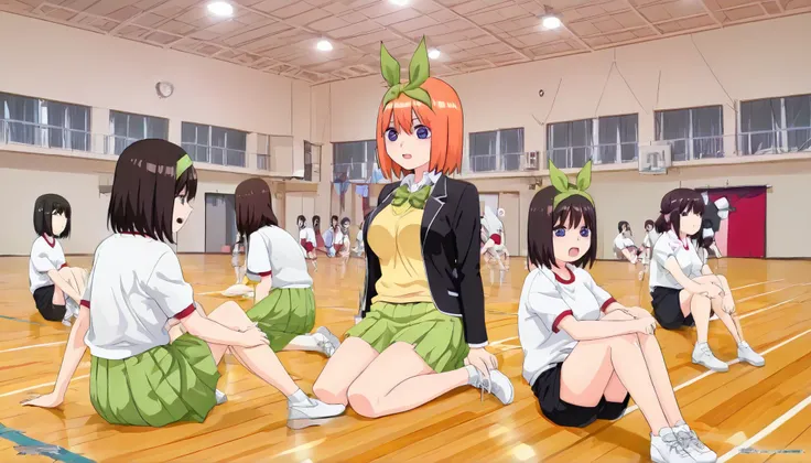 1girl,unwellness yotsuba, large breasts, orange hair, blue eyes, short hair, hair between eyes,green bow hairband, black blazer, open blazer, yellow sweater vest, white collared shirt, bowtie, plaid bowtie, green skirt, pleated skirt,sitting on the floor g...