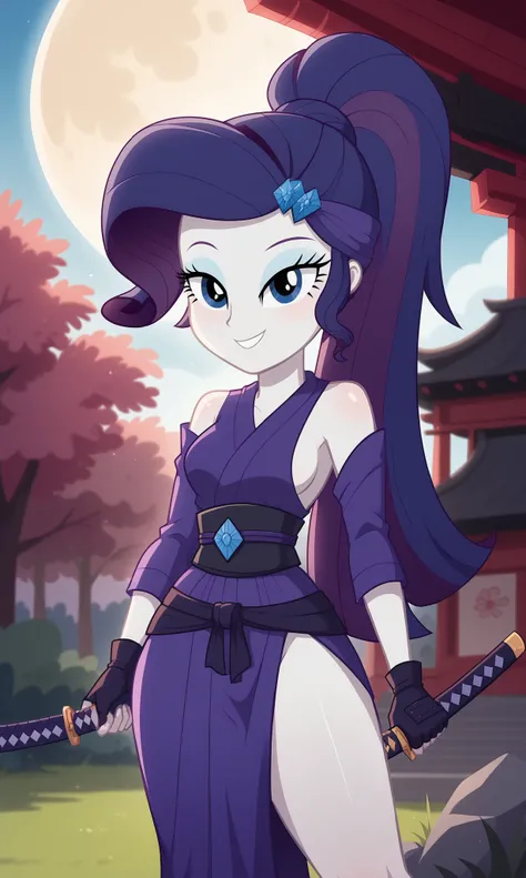 masterpiece, detailed image, soft skin, style_2d_chibi, (rarity)1 girl, alone, blue hair, colored skin, purple hair, multi-colored hair, long hair, bun, bangs, blue eyes, ,, smile, 1 girl, alone, weapon, sword, breasts, katana, 3 swords, thighs, scabbard, ...