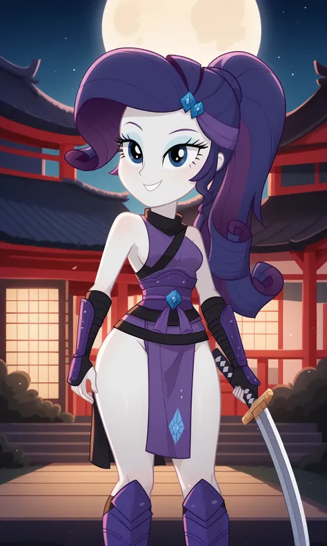 masterpiece, detailed image, soft skin, style_2d_chibi, (rarity)1 girl, alone, blue hair, colored skin, purple hair, multi-colored hair, long hair, bun, bangs, blue eyes, ,, smile, 1 girl, alone, weapon, sword, breasts, katana, 3 swords, thighs, scabbard, ...