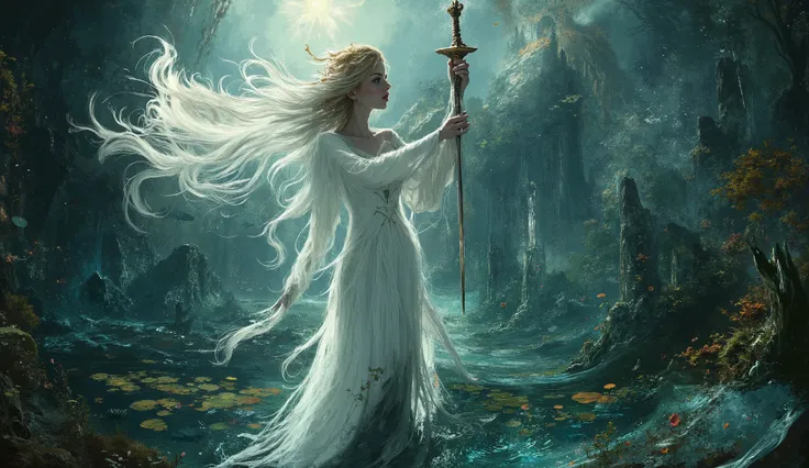 Ethereal Lady of the Lake emerging from crystal clear sacred waters, holding legendary Excalibur sword above surface, flowing white medieval gown, long flowing hair floating in water, mystical underwater castle visible below, lily pads and aquatic plants, ...