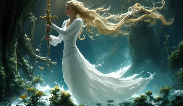 Ethereal Lady of the Lake emerging from crystal clear sacred waters, holding legendary Excalibur sword above surface, flowing white medieval gown, long flowing hair floating in water, mystical underwater castle visible below, lily pads and aquatic plants, ...