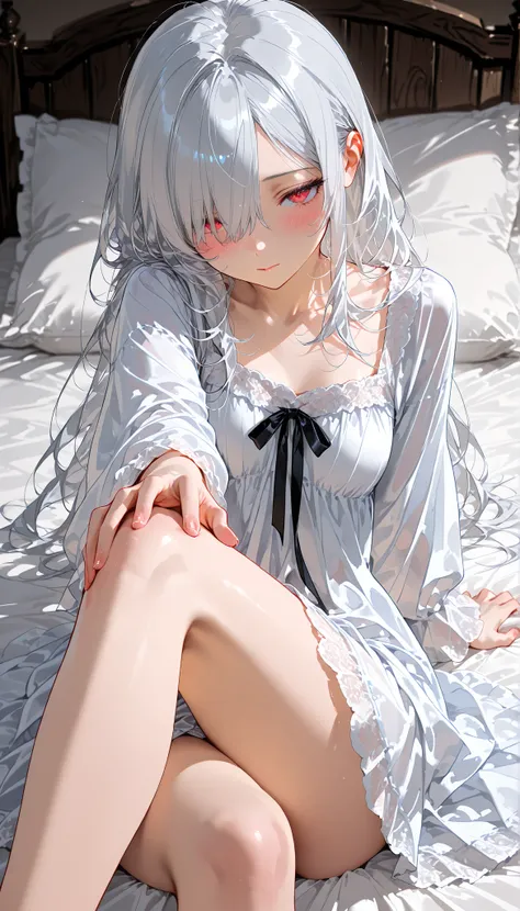 top quality, masterpiece, ultra-precise, ((top quality, masterpiece:1.3)), sharp focus, A beautiful, mature woman with a perfect body, seductive, vivid red eyes, 선명한 눈매, asymmetrical bangs, hair over one eye, long hair, light silver hair, medium chest, med...
