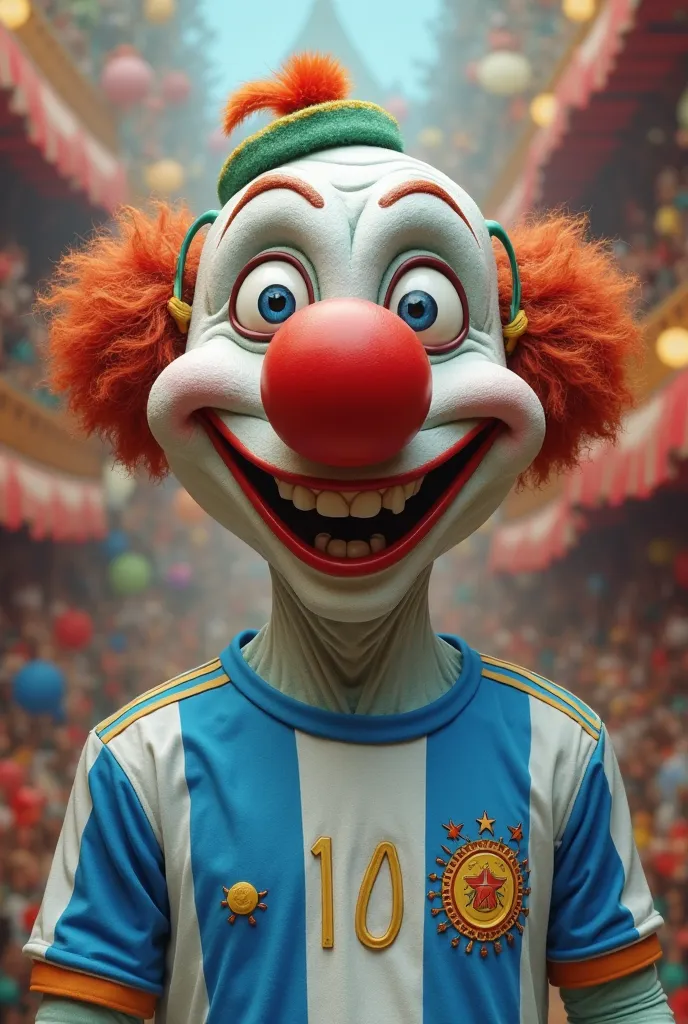 A clown in the Argentinian shirt with an excessively large nose 